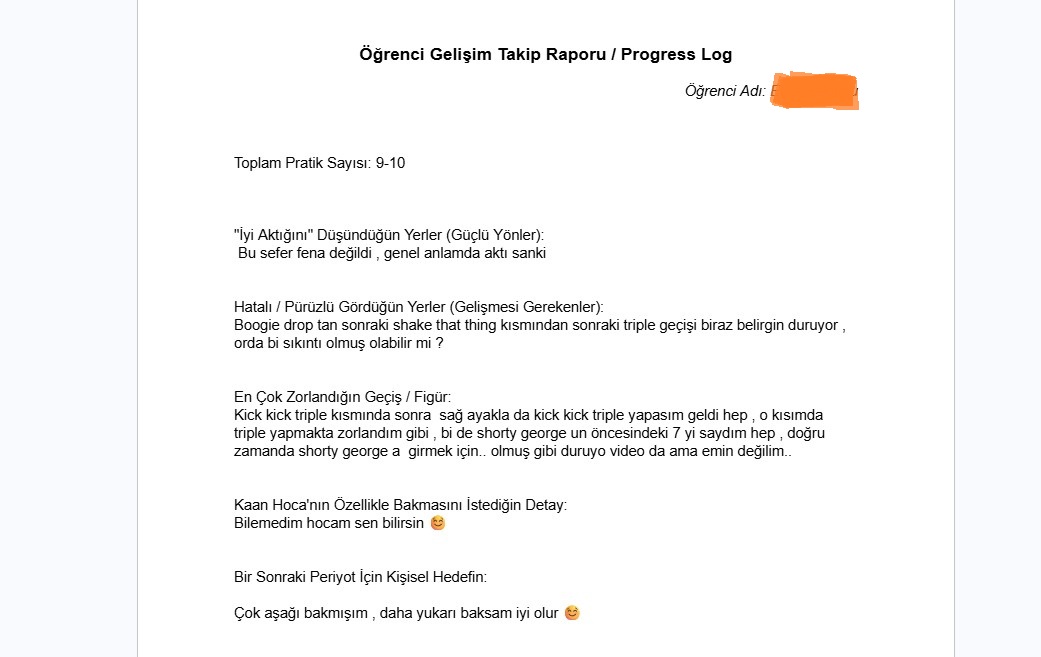 Ders sonunda doldurulan gelişim takip raporu